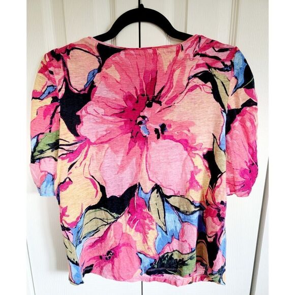 Chico's‎ 1 Linen Blouse Top Size M Pink Blue Floral Hibiscus Short Sleeve Rouche - Picture 2 of 7